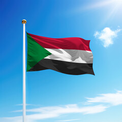 Waving flag of Sudan on flagpole with sky background.