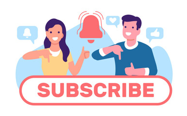 Subscription to newsletter. Man and woman offers to sign up for notifications. Subscribe button. Notice bell. Like icon. Online video player. Web membership. News sending. Vector concept