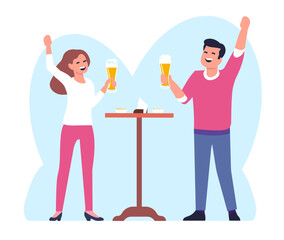 Young couple drink beer. Happy male and female holding glasses. Pub table. Oktoberfest toast. People clinking ale pint mugs. Froth alcohol beverage. Holiday party in bar. Vector concept