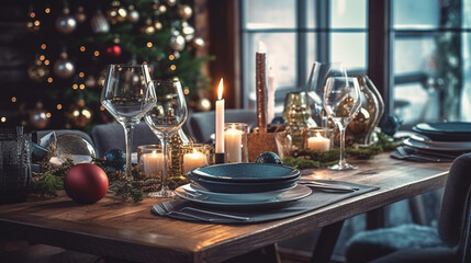 Naklejka na ściany i meble Festive table setting for Christmas or New Year dinner in cozy living room.generative ai