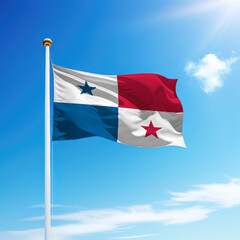 Naklejka na ściany i meble Waving flag of Panama on flagpole with sky background.