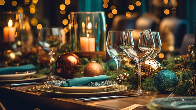 Festive table setting for Christmas or New Year dinner in cozy living room.generative ai