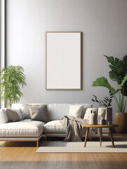 Mockup of a living room with an empty frame, created with AI generative technology