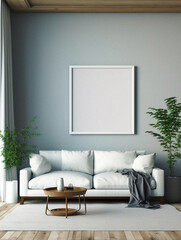 Mockup of a living room with an empty frame, created with AI generative technology