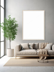 Mockup of a living room with an empty frame, created with AI generative technology