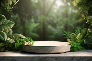 stone product display podium for cosmetic product with green nature garden background, 3d rendering