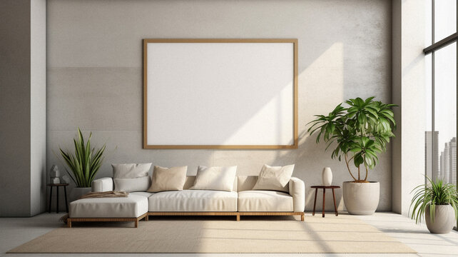 Mockup of a living room with an empty frame, created with AI generative technology