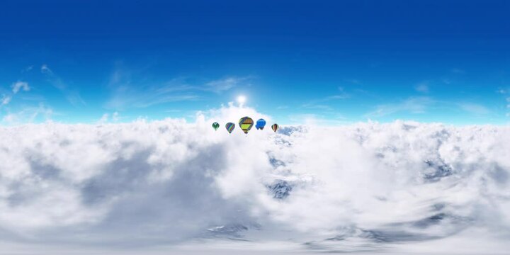 Immerse yourself in a breathtaking 360 VR journey, floating above clouds and soaring high over snow-capped mountains while surrounded by multiple hot air balloons.