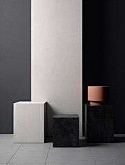 Geometrical plinths background for still life, created with AI generative technology
