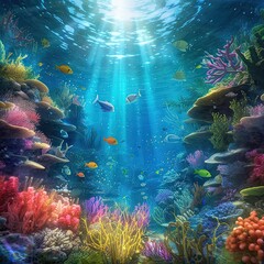 underwater scene with reef and tropical fish