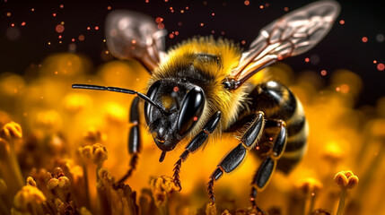 Macro shot of a bee collecting pollen on a black background.generative ai
