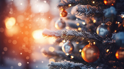 Christmas tree decorated with golden balls and snowflakes. Christmas background.generative ai