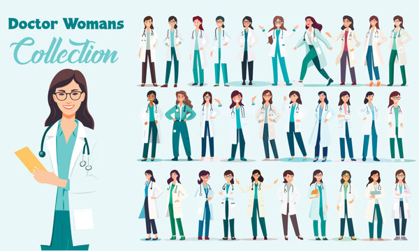 Young beautiful vector doctor woman figures collection. Set of vector girls