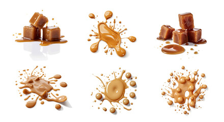 Caramel collection. Appetizing caramel cubes and creamy caramel drops on a white background. Food concept. Vector illustration