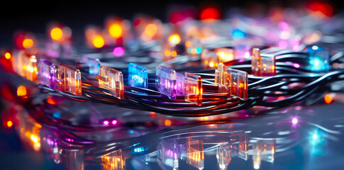 colored electric cables and led. optical fiber, intense colors, background for technology
