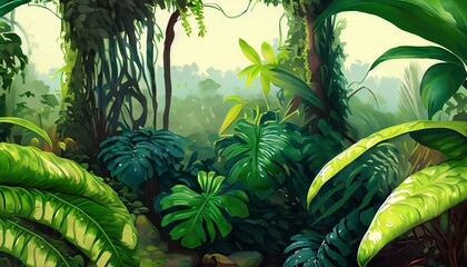 Photo of a jungle scene with green plants and green leafs