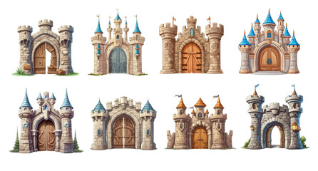 Cartoon stone castle gate with big wooden gate isolated on white background, vector illustration set. Fairytale medieval gate of a fortress or castle. Design for cartoon, book, game. Vector - obrazy, fototapety, plakaty