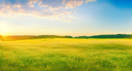 Obraz premium Illustration of a field with green grass and sunlight. Blue sky with clouds. AI
