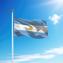 Waving flag of Argentina on flagpole with sky background.
