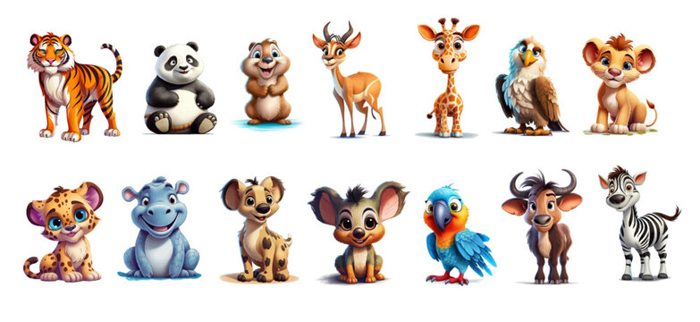 Fototapeta Colorful set of little cartoon animals characters. Baby animals icons set isolated on white background. Cartoon character design. Color illustration of wild animal world. Vector illustration