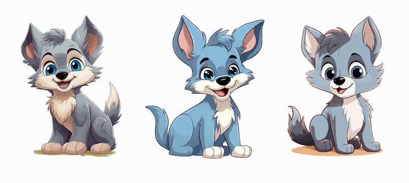 Colorful set of little cartoon wolf cubs characters. Wolf icons set isolated on white background. Cartoon character design. Color illustration of a gray wolf. Vector illustration