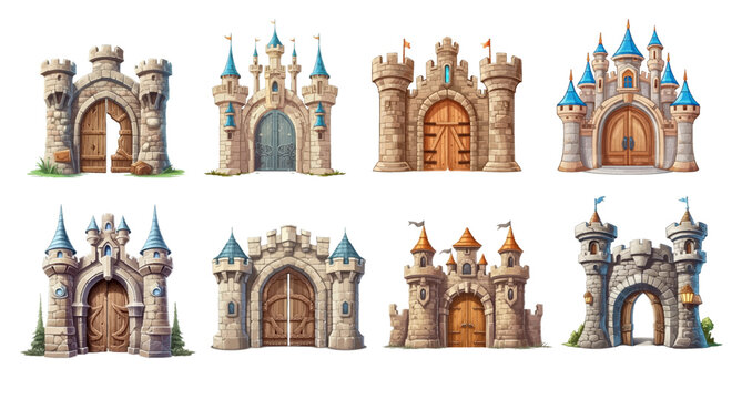 Cartoon stone castle gate with big wooden gate isolated on white background, vector illustration set. Fairytale medieval gate of a fortress or castle. Design for cartoon, book, game. Vector