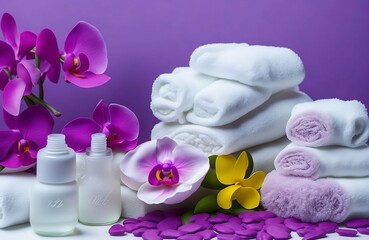 Obraz na płótnie Canvas spa still life with towel and orchid wellness background with massage pebbles, orchid flowers, towels , oils created with generative ai