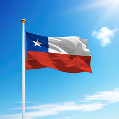 Fototapeta na wymiar Waving flag of Chile on flagpole with sky background.