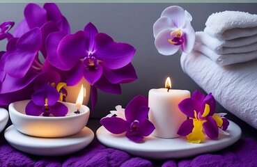 Fototapeta na wymiar spa still life with candles and orchid beauty treatment items for spa procedures massage, essential towels and sea salt. copy space created with generative ai