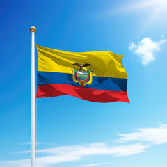 Waving flag of Ecuador on flagpole with sky background.