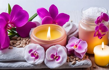 Obraz na płótnie Canvas Aromatherapy, spa, beauty treatment and wellness background with massage pebbles, orchid flowers, towels, cosmetic products created with generative ai