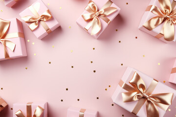 Shiny gift boxes with golden bows on pink background. Space for text