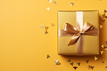 Golden ribbon gift box on yellow background. Top view concept