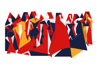 A vintage crowd of people in abstractionism style art, cubism, wall art in red, blue and yellow colors, vector svg, Generative Ai