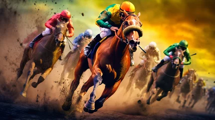 Tuinposter Horse racing, Jockeys fight to take the lead in the last curve, Jockeys on their horses during horse racing, generative ai © Mrt