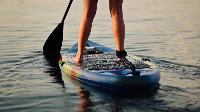 A young woman standing firmly on an inflatable SUP board and paddling on the shiny surface of the water. Sporty girl on a surfboard in the sea on a sunny summer day. Summer fun by the sea