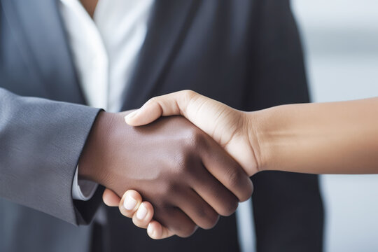 African American businessman and businesswoman shaking hands to agree to joint business agreements. Generative AI.