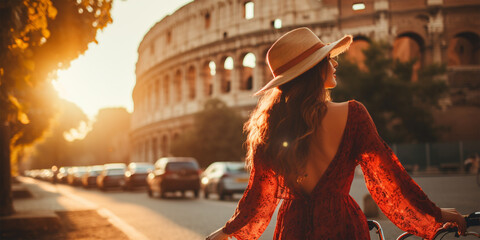 Obraz na płótnie Canvas Attractive tourist girl with straw hat. 