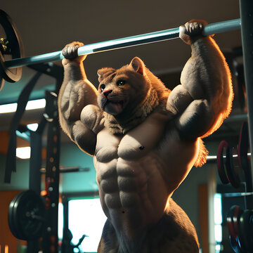 Muscular animal creature does pull-ups in gym, generatie ai