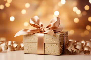 Festive surprise gift box golden with a bow on a pastel beige background