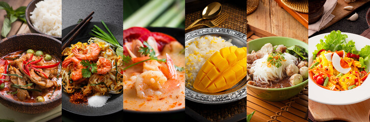 Collage of various tradition and popularity Thai food products, (Tom Yum Koong,Pad Thai, Spicy Chicken Curry, Sticky Rice Mango, Blood Soup Noodles, Somtum or Thai Salad)
