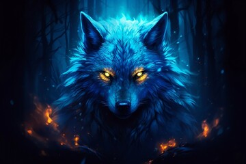 Blue Wolf with Glowing Eyes. AI