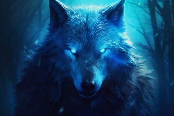 Blue Wolf with Glowing Eyes. AI