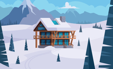 Snow house. Travel vacation in winter mansion in mountains. Vector cartoon background