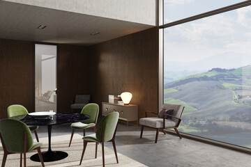 Modern interior design. Apartment with a large panoramic window
