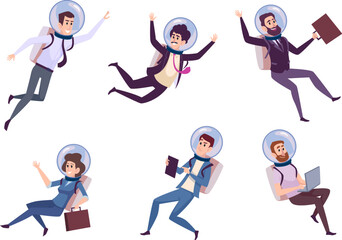 Business astronaut. Male and female flying characters with business tools exact vector cartoon characters