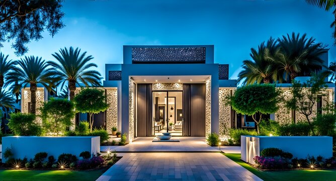 Photo of a modern home surrounded by lush landscaping and palm trees