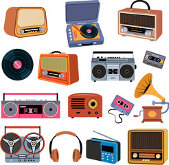 Music devices. Retro music gadgets headset radio and players recent vector stylized illustrations set - obrazy, fototapety, plakaty
