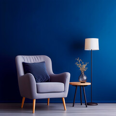 Armchair with lamp and blue wall. AI Generative.