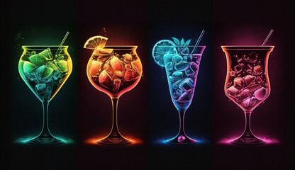 4 neon Cocktails in Neonfarben und Neonlicht. Generative Ai. - obrazy, fototapety, plakaty